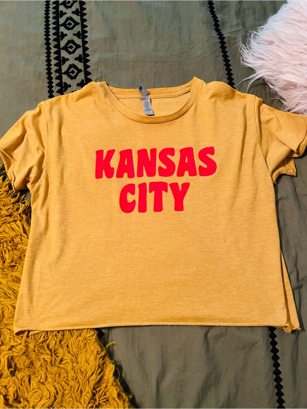 Next Level Apparel Mustard Yellow Tee with Red Kansas City Print